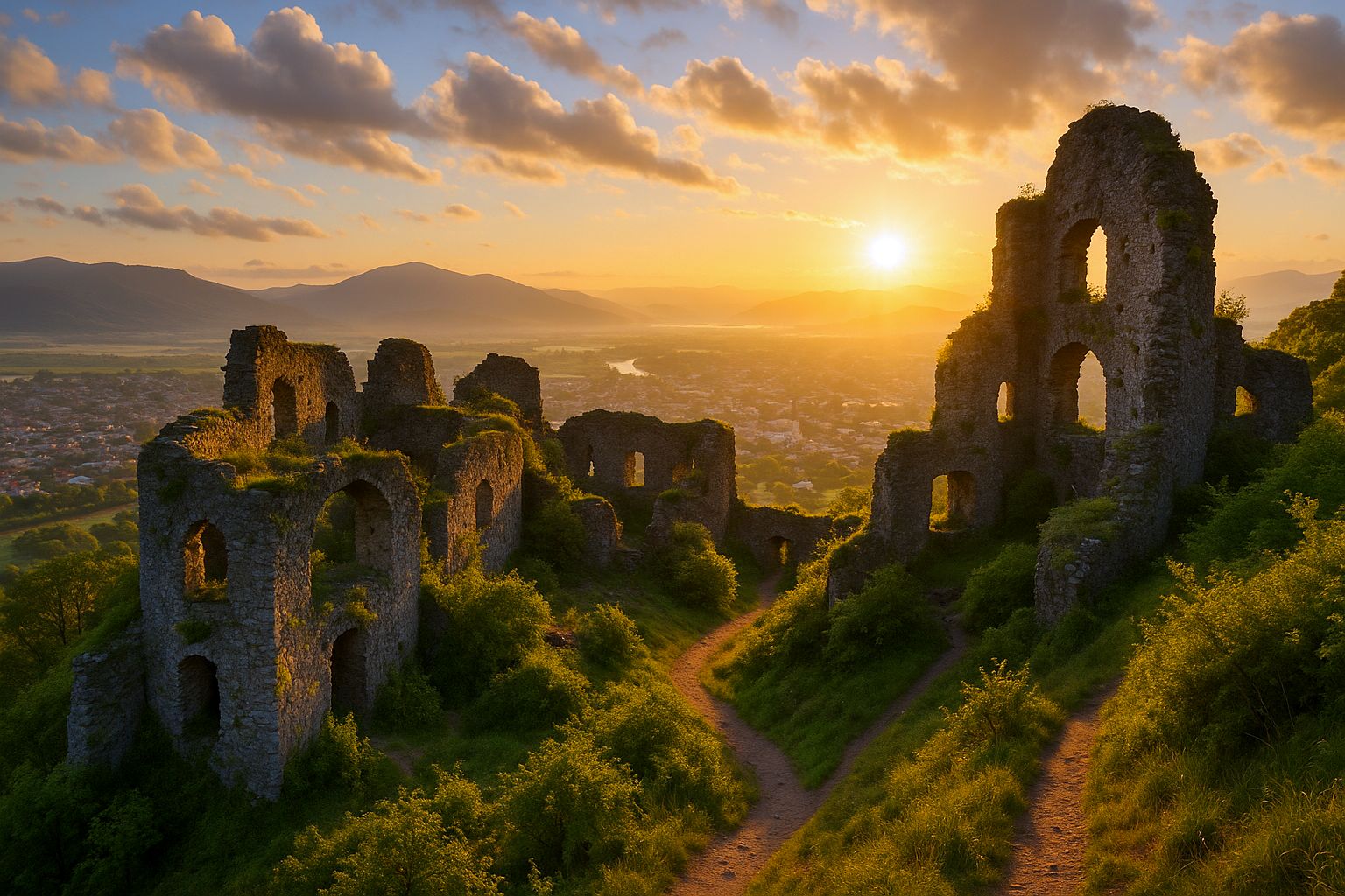 Ruins of an ancient castle above the city of Khust (Ukraine) in the ...