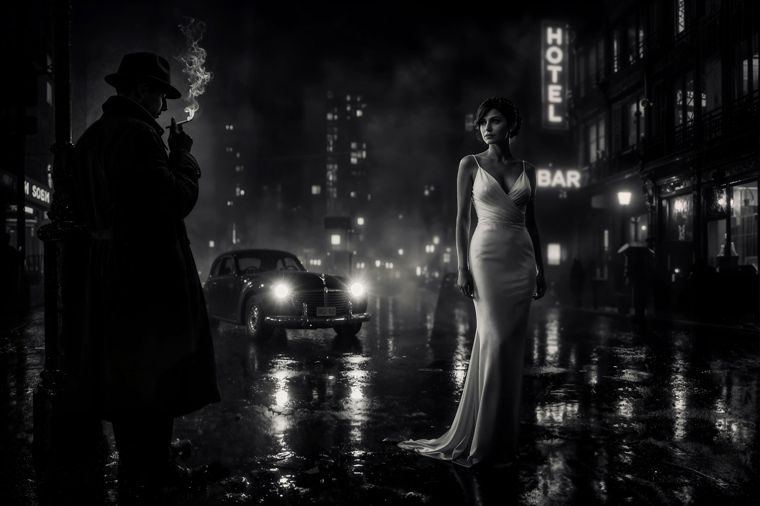 Noir scene with mysterious man and elegant woman in white dress on ...