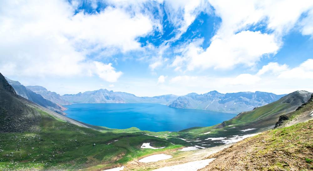 Photo in Landscape #volcano #mountain #water #lake #clouds #outdoors #Photography #Nature #Landscape #Scenics #Sky #Blue #Panoramic #Cloud-Sky #Travel #snow #caldera #Cheonji #Mt.Baekdu